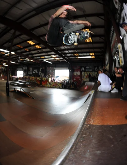 <!--finalspro14-->

Evan Smith doesn't know what he's about to do on his skateboard until he's already done it. Here he is on a frontside flip disaster on the China bank that nearly caved in the ramp.
