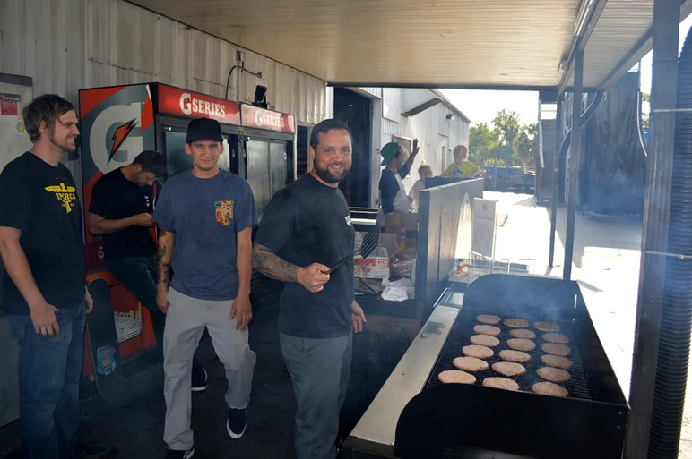 Justin, Casey, Matt, and FSEC Barack Wiser chillin' at the meat wagon.<!-- Andrew Reynolds at SPoT for the Lakeland Skatepark Grand Opening -->