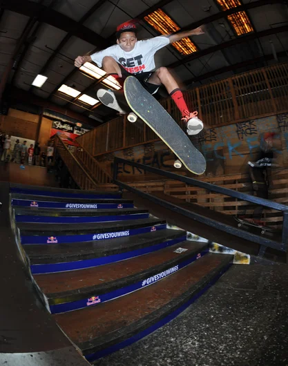 <!--springroll14-->

Mikey Sanchez has a nice 360 flip down the stairs. Mikey battled to second place in the 13-15 division, which is no easy feat.