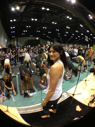 <!-- surfexpo2013 -->

Volcom's personal yoga instructor Becky is flying around the world to a trade show near you