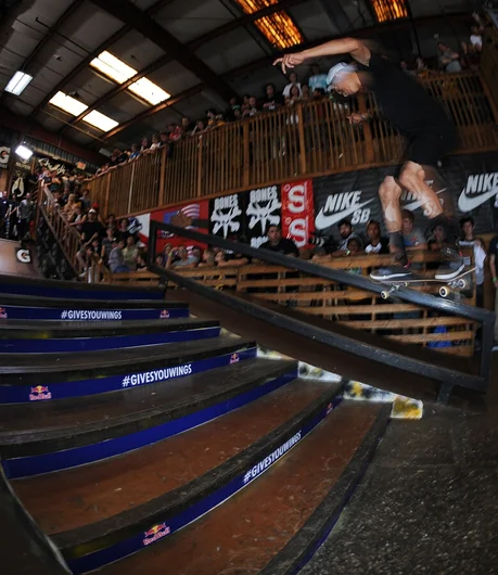 <!-- tampapro2014qualifiersaaronandfrank -->

I guess backside 180 nosegrinds are too basic for Nyjah, so he nollies into them-- every try, too.