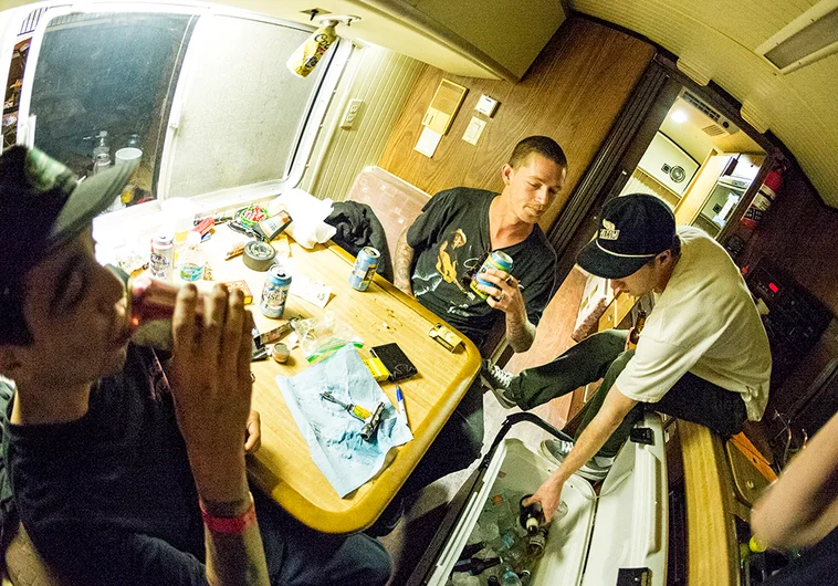 <!--pro18-friday-->

Inside the cuts of the Volcom Road Rager Bus.
