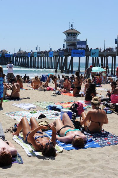 The beach is a crazy layout of surf fans camped