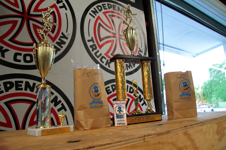 <!--andalewheelie-->

A look at these trophies! 1st place best trick and a 1st place overall skater. Thanks Andalé!