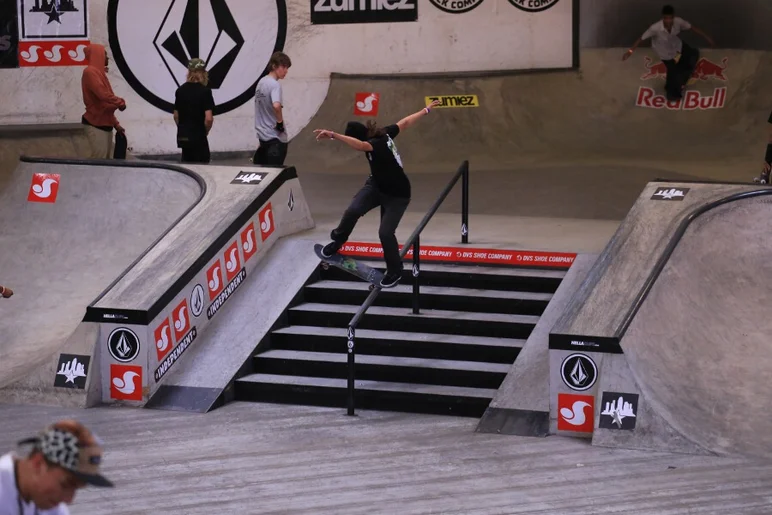 <!-- damnamvolcom14day1 -->

Franky Villani shut the best trick obstacle down for practice. Here's a smooth nose blunt.