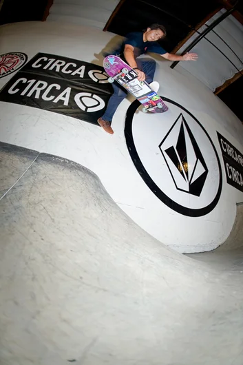 <!--cm151-->

Frankie Villani tests the sturdiness of the walls, and they don’t budge.. Volcom HQ strong like bull.