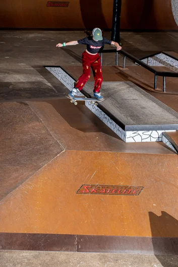 Shiloh taking the noseslide over to the pyramid ledge.

<!--polarvideopremier2022-->