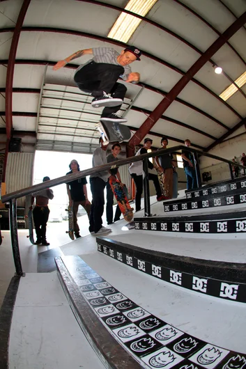 <!--ridetexas14-->

The final event was happening inside: best trick down the stair set and handrail. Another Texas local, Cody McEntire - switch flip back lip.
