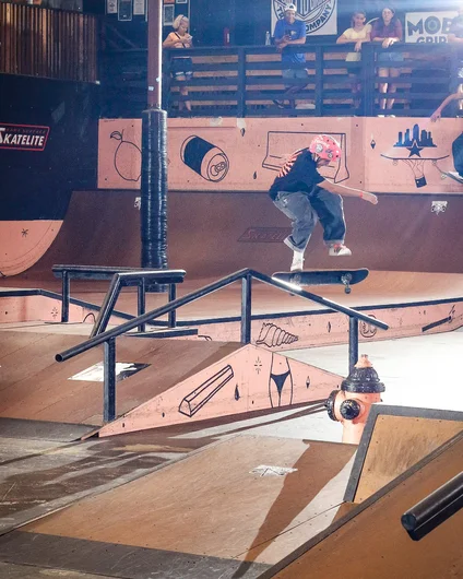 Sebastian gets the first flick in of the day with this kickflip front board on the a-frame rail.


<!--backtoschoolbash23-->