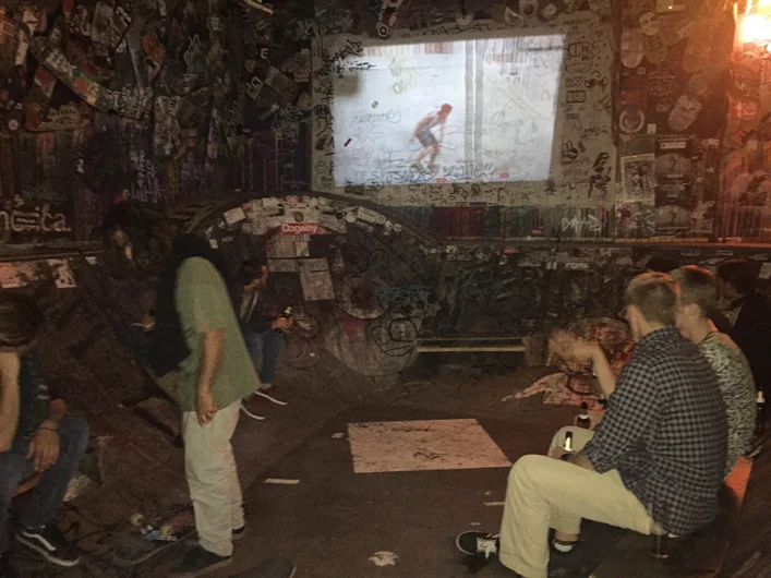 <!--sls15-->

They’re not kidding when they say there’s stuff to skate everywhere in Barcelona, this is a sketchy photo of a cement bowl inside the Nevermind bar…or club…or discotec?