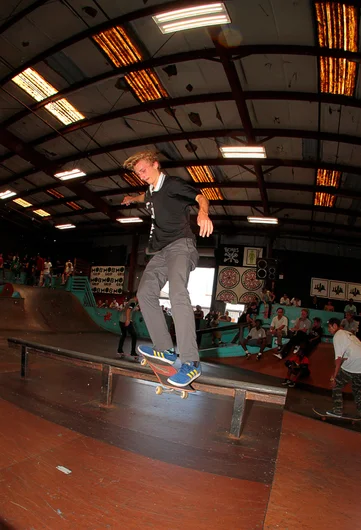 <!--gsd16-->

Tyler Wolford skates our all ages contest and has a good selection of tricks. He pulled this FS Feeble BS Bigspin out and came out with the win.