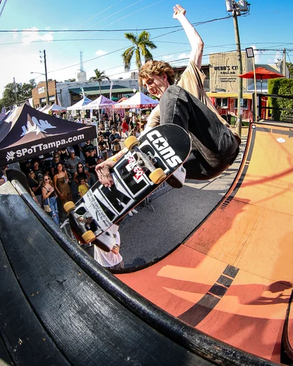 Peter getting lucky thanks to the Lady Bug. Truck Bash Fakie or Heel-a Monster Fakie, you’d have to ask Pete what to call this

<!--skatingacrossborders2023-->