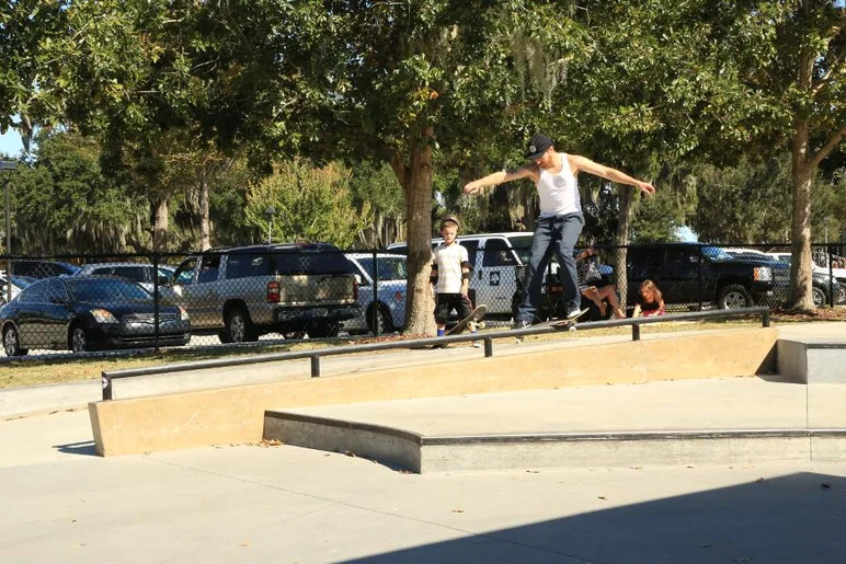 <!-- 2013MatixHalloweenJam -->

Mike cruised around the park and skated everything in his path, including this rail.