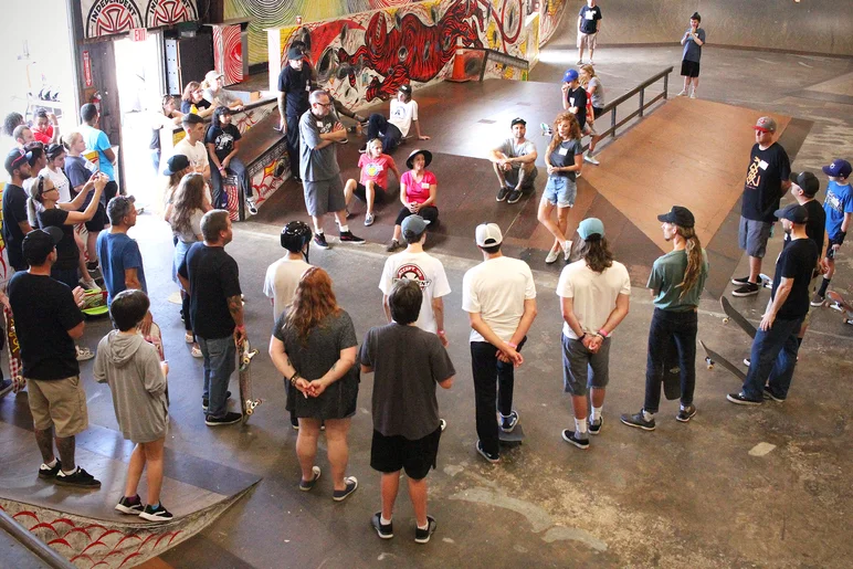 <!--askate18-->
We started the day by getting a lesson from A.Skate founder, Crys Worley on how to interact with the kids.