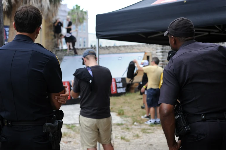 <!--ybor4year-->

Tampa Police were on hand to keep you all feeling safe, or quite the opposite if you're a skateboarder. These two watched SPoT employee Jack Loktu really closely as he boosted this boneless to tail on the mini ramp.

