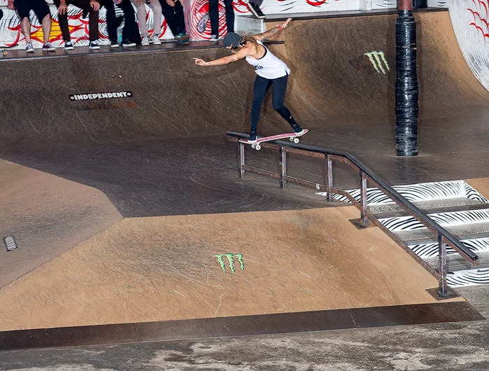 <!--pro18-sat-->

Great to see more women in contest this year, Leticia Bufoni; Backside Lipslide
