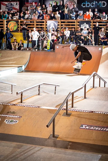 <!--pro20finals-->
2nd place Golden Ticket winner, Maurio McCoy revs one up with a lofty Kickflip.
