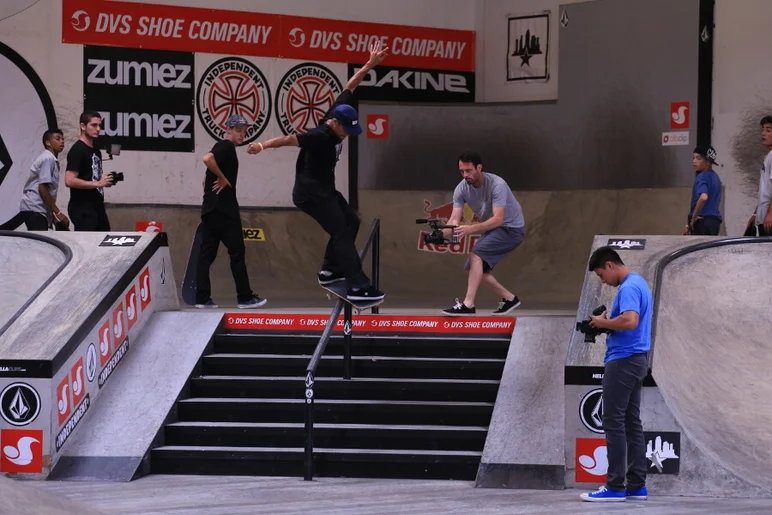 <!-- damnamvolcom14day1 -->

Tiago Lemos flew over the rail and locked in with this nollie feeble.