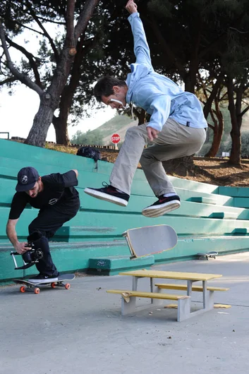 Chris Roberts heelflips it while HiDefJoe is looking like a one armed one footed filming machine.<!-- A California Work and Play Day -->