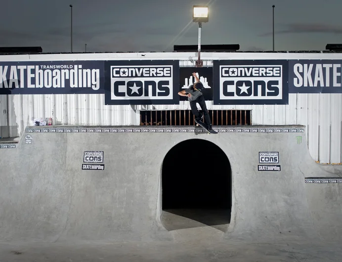 <!--pro16friday-->

Meanwhile outside, Curren Caples polishes up his trap door skills with a Backside Smith Grind in preparation for tonight’s Converse/TWS Cement Jam.