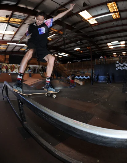 <!--hj2014-->

This smooth tailslide across the pyramid rail was one of the many moves that Mikey Sanchez landed during his jam. Mikey took first place in the 13-to-15 division.

