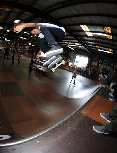 <!--finalspro14-->

Louie Lopez was one of many fresh new pros to skate the semi-finals this year. Here he is on a backside kickflip on the China bank.
