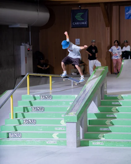 Yuki Sawashima droppin buckets with the hat to match. Nollie back noseslide.

<!--damnamjapan2022day2-->