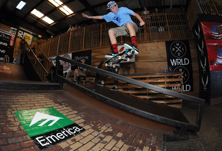 <!-- backtoschoolbash2013 -->

After he destroyed the vert ramp, Jake won the 16 and Up Division with tricks like this kickflip frontboard on the rail.