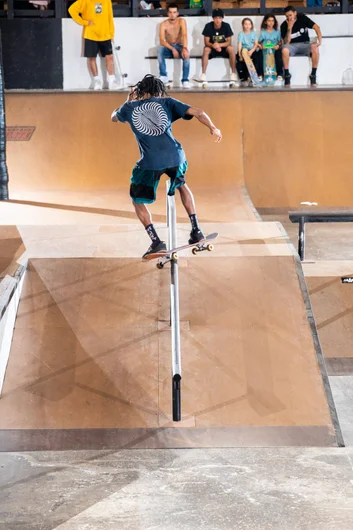 Another SPoT team rider in the building - Kris Clayton back hurricane down the rail.

<!--harvestjam2022-->