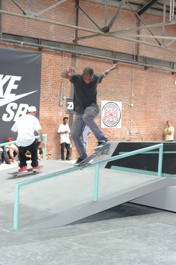 Dominick Walker is about to shuv it out of this bump to noseblunt slide.<!-- Damn Am Los Angeles 2013 Qualifiers -->