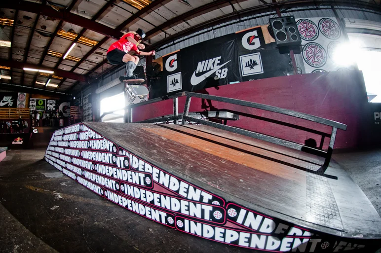 <!--ta14-sd-->

The only girl on the course, Alana Smith with a bump to bump 360 flip.
