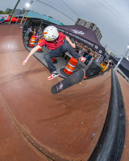 Mason with a clean kickflip fakie mid run

<!--skatingacrossborders2022-->