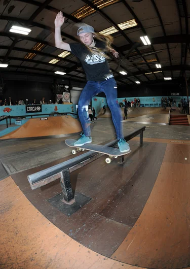 <!--vday16-->
Meagan Guy is another girl who skated the contest—in the 16-and-up division—and narrowly missed out on 5th place. Megan landed in 6th this time around with ripping moves like this frontside lipslide.