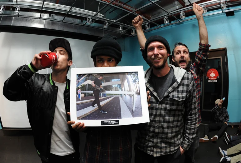 <!--vday16-->
Derick Wynn, Employee of the Month here at SPoT. David Gravette and Robbie Brockel presented Derick with his award and a giant prize pack from Converse.