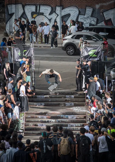 Cole Wayka goin’ strong and grabbing 3rd in Best Trick with a Switch Frontside Flip down the dubs.

<!--damnamnyc2022day2-->