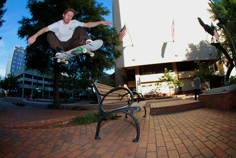 <!--toaweekend-->

You may remember this bump to bench from Reynolds' SOTY part, but years later it got moved a little. Ben Gore wasn’t afraid to get his feet wet on this Ollie.