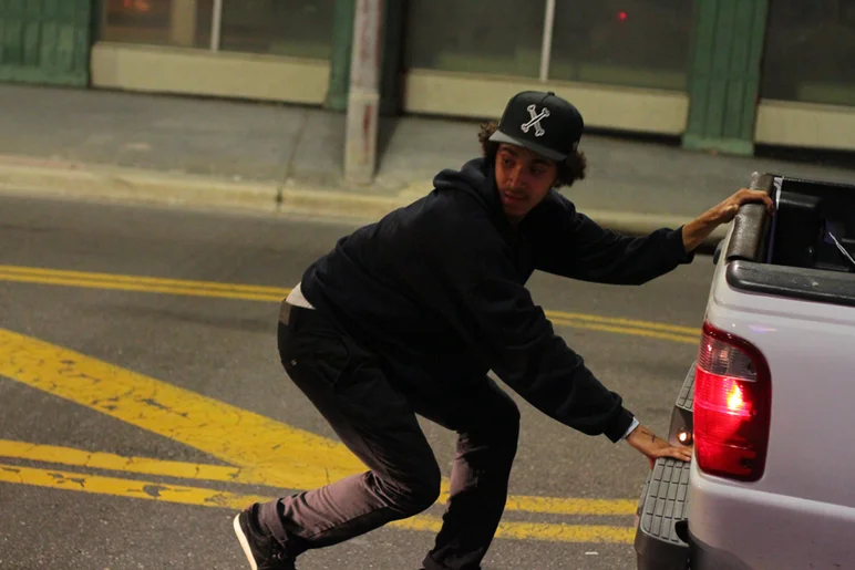 <!--pro15satnight-->
Ramante Cooper was out front of the Bricks skitching down 7th, even though you can't see his board.