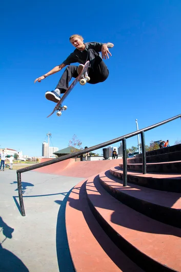 <!--txrt14-->

Eric shut down the session with this Tre Flip over the rail.  After that, it was time to head back home.  Thanks to Southside Skatepark for having us and to everyone who made this trip a success.