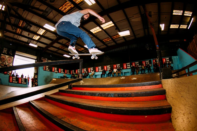 <!--cotc16-->

Chris Blake always has lines that nobody else does. Ollie over the rail from the bank to 50-50 on the top stair for Plus Skateshop.