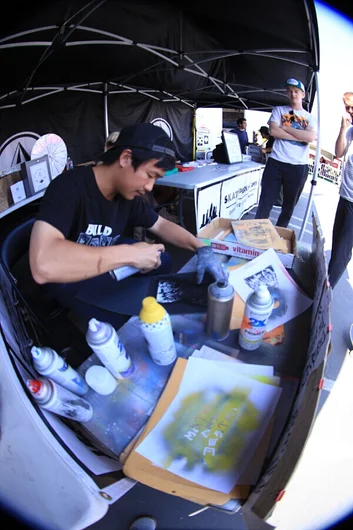 <!-- damnamvolcom14day2 -->

Lawrence held it down next to the SPoT tent spraying up some fresh grips and giving new life to some old grips.