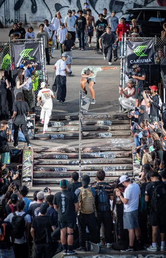 All legs ‘n’ no head. A Nollie 270 Boardslide is a tough and random one to shoot, but Cordano took it to the Double-set rail and won Scandal’s Best Trick with it!

<!--damnamnyc2022day2-->