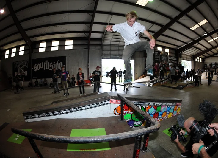 <!-- mawtexasnov13 -->

Madars Apse didn't make this kickflip over the bump-to-bar to backside tailslide down the hubba during the official time, but landed it soon after.