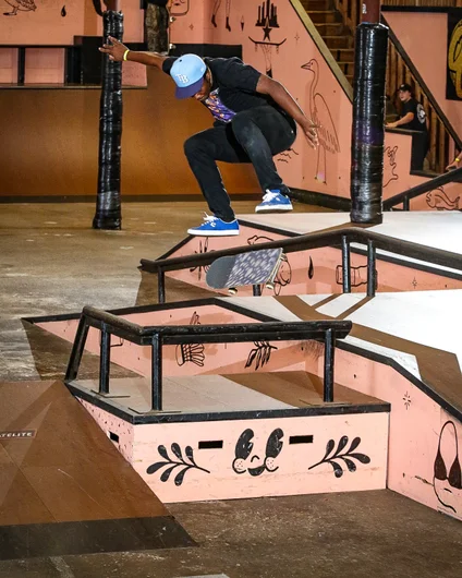 Anferney Preston flicks a kickflip over the bump to bar

<!--schoolsoutjam2023-->