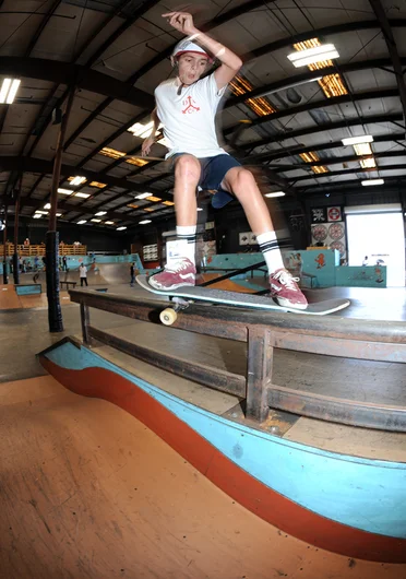 <!--soj16-->

Jake Yanko was on a serious roll during his jam. He must have banged out 20 solid tricks in just 3 minutes. Jake skated with speed and made moves like this smith grind that helped him into first place in the 13 to 15 division.