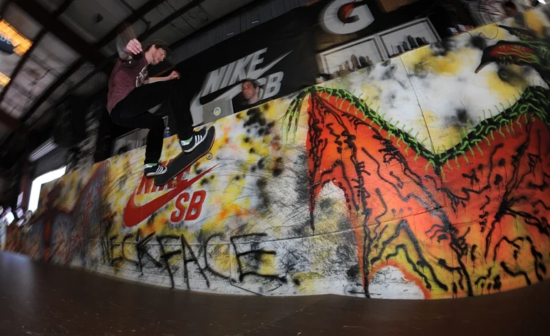 <!-- tampapro2014qualifiersaaronandfrank -->

Silas Baxter-Neal has a mean frontside wallride across the artwork Neckface painted for the Am contest.