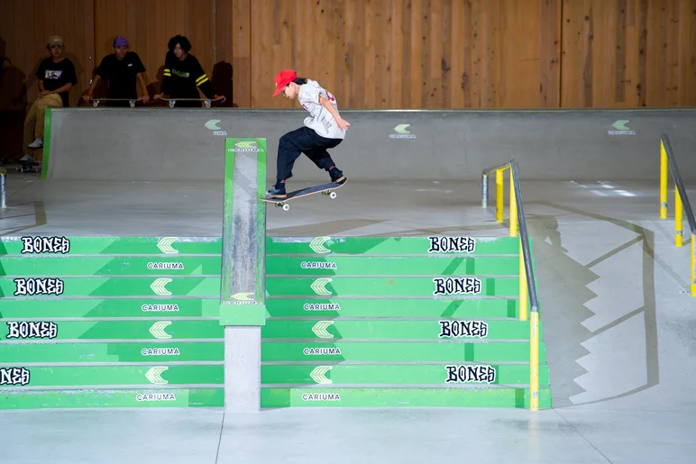 Coming back to the hubba for a front noseslide. Is it obvious that this center piece is all that the kids wanted to skate?

<!--damnamjapan2022finals-->
