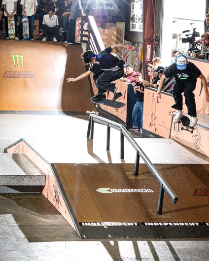 Johnny Alexander takes it to the main obstacle for the judges with a hardflip back lip
<!--fridayam2023lastchance-->