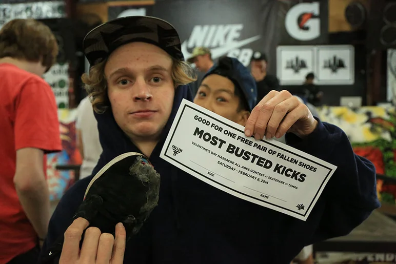 <!-- vdaymassacre2013 -->

Drew Fall won the award for having the most busted shoes all day.  Fallen hooked him up with a new pair.