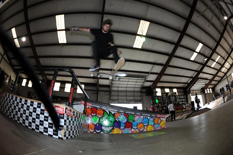 <!-- mawtexasnov13 -->

I didn't realize until I reviewed my photos that something was hanging in front of my lens when I shot this photo of Zach Godlewski doing a late shuv over the bump-to-bar. Thanks Zach for showing us around the street spots in Houston.