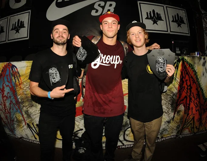 <!-- amdec13sat -->

Independent Best Trick top 3 from left to right: Matt Berger - 1st with a frontside bluntslide across, big flip out; Sewa Kroetkov - 2nd with a 360 flip nose manual nollie front foot flip out; Jack Olson - 3rd with a switch 180 crooked grind nollie kickflip out